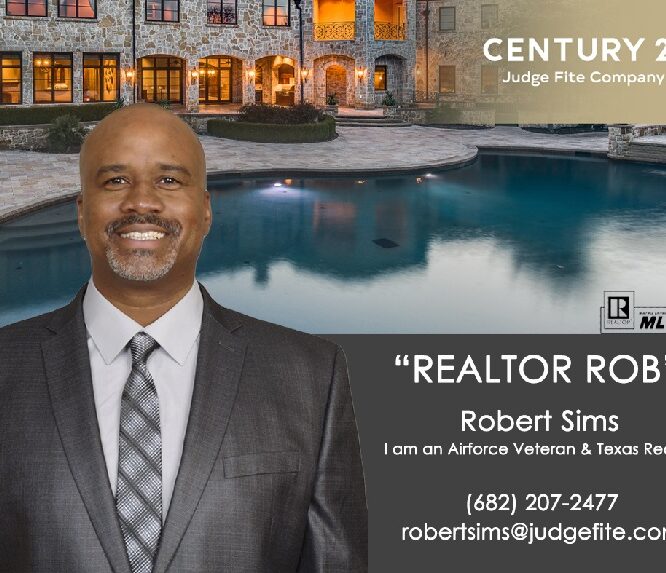 Professional Licensed Realtor and Air Force Veteran Realtor Rob dressed to find a homebuyer their dream home, with his business contact, a lit mansion and pool in the background