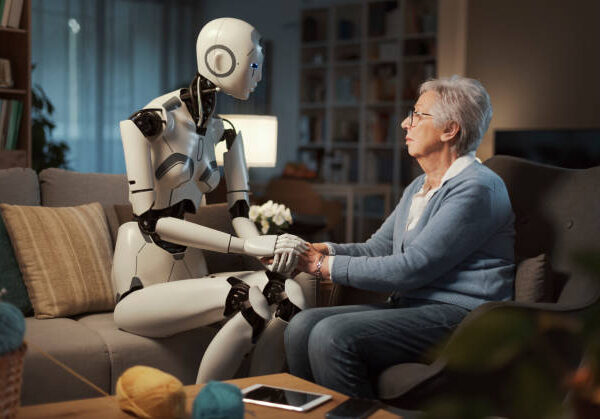 An elderly woman confides her psychological distress to her robotic assistant, a concept of psychological support thanks to A.I