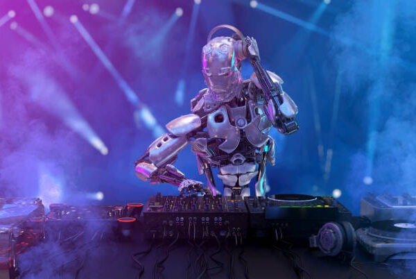 Robot humanoid disc jockey at the dj mixer and turntable plays during night club