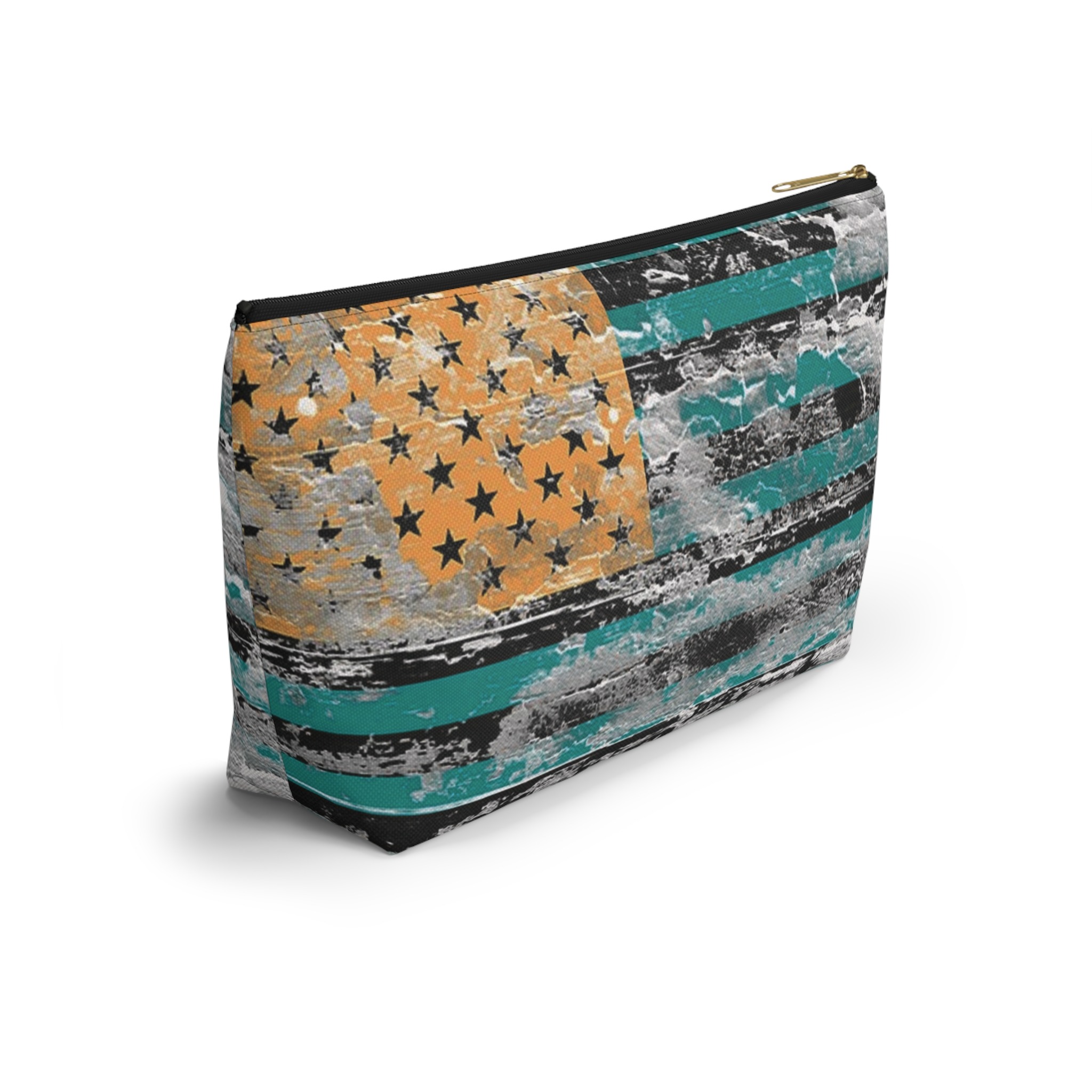 teal & gold distressed american inspired flag makeup & tool organizer — t-bottom accessory pouch - Image 4
