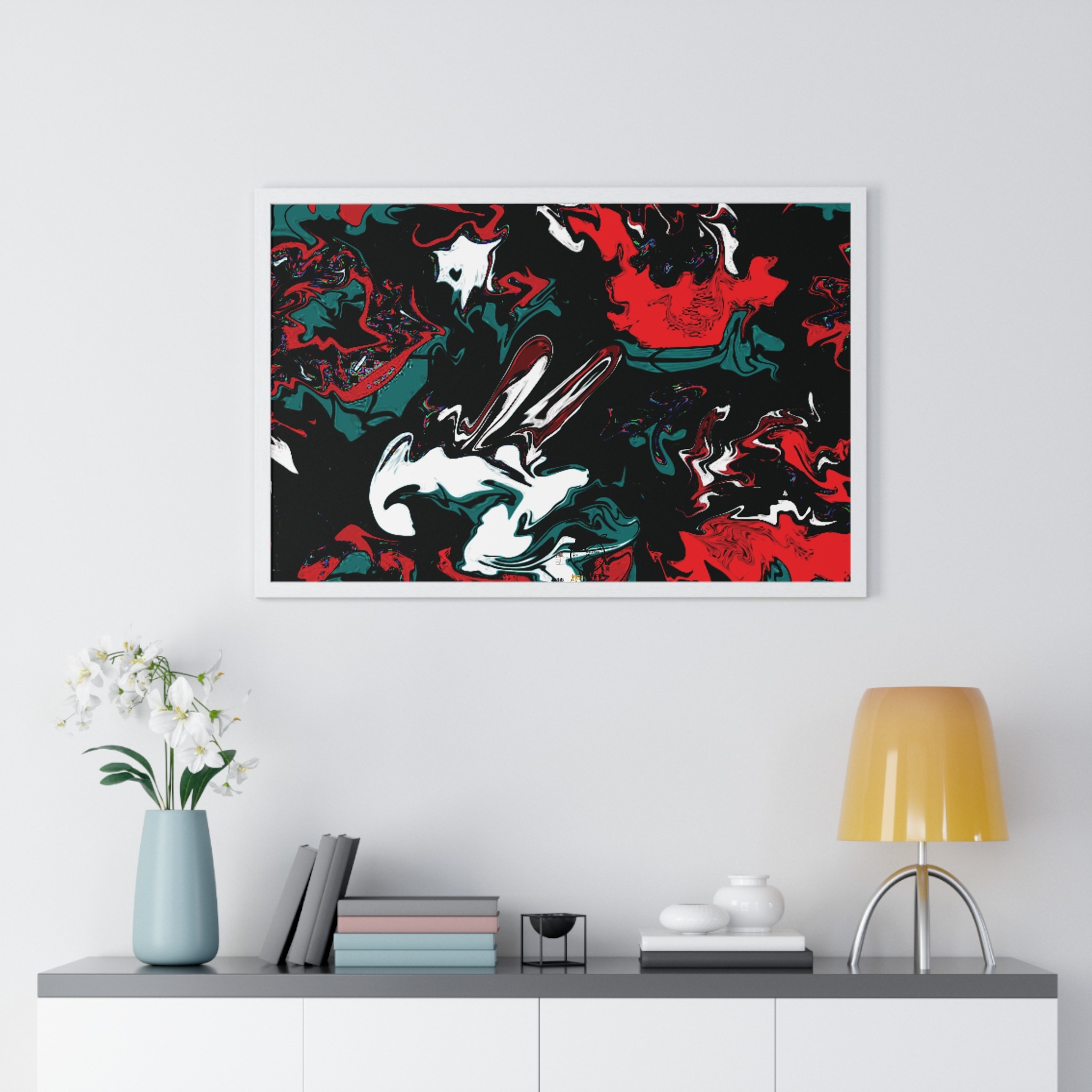 framed abstract red & teal modern fluid peace art poster — horizontal wall decor - Image 40