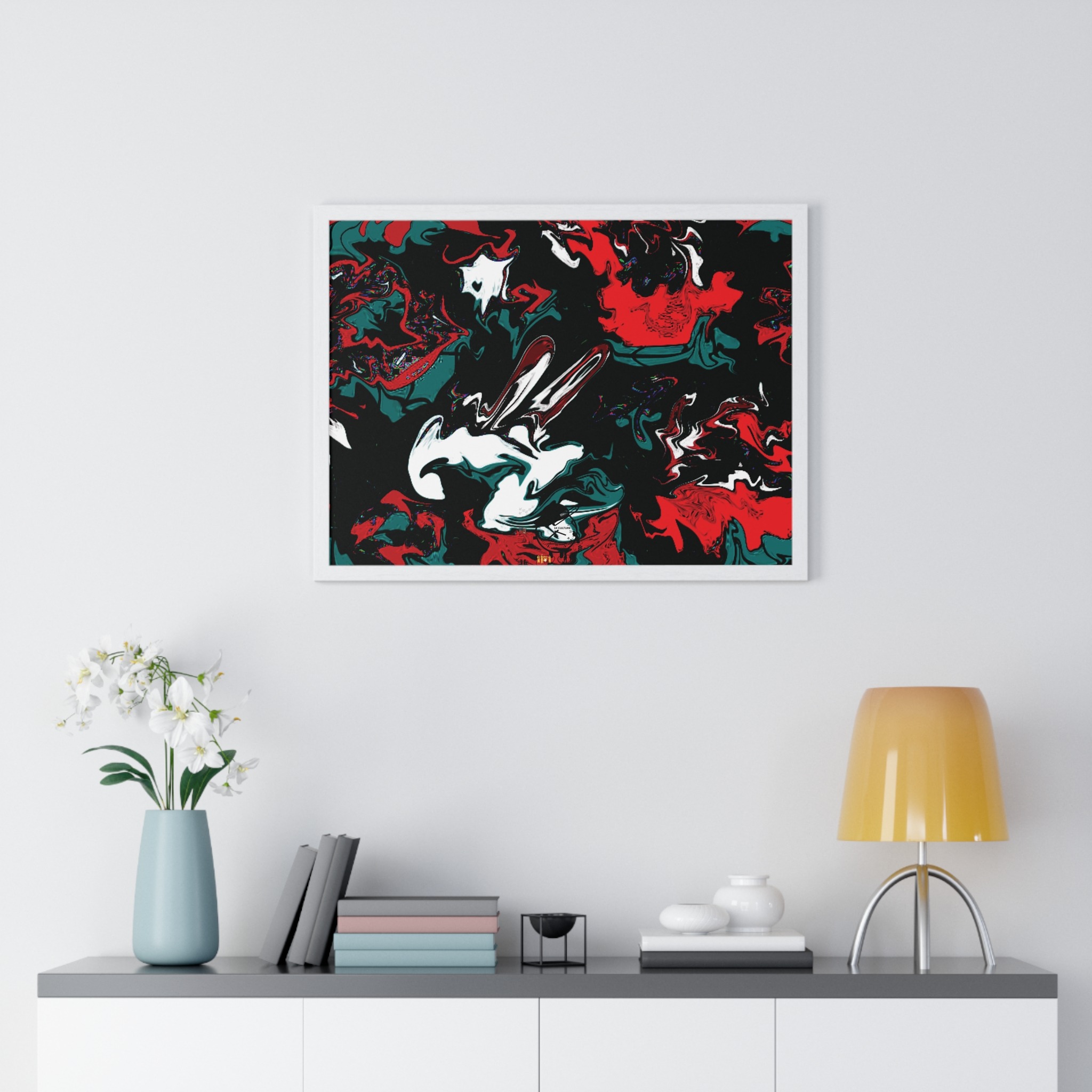 framed abstract red & teal modern fluid peace art poster — horizontal wall decor - Image 16