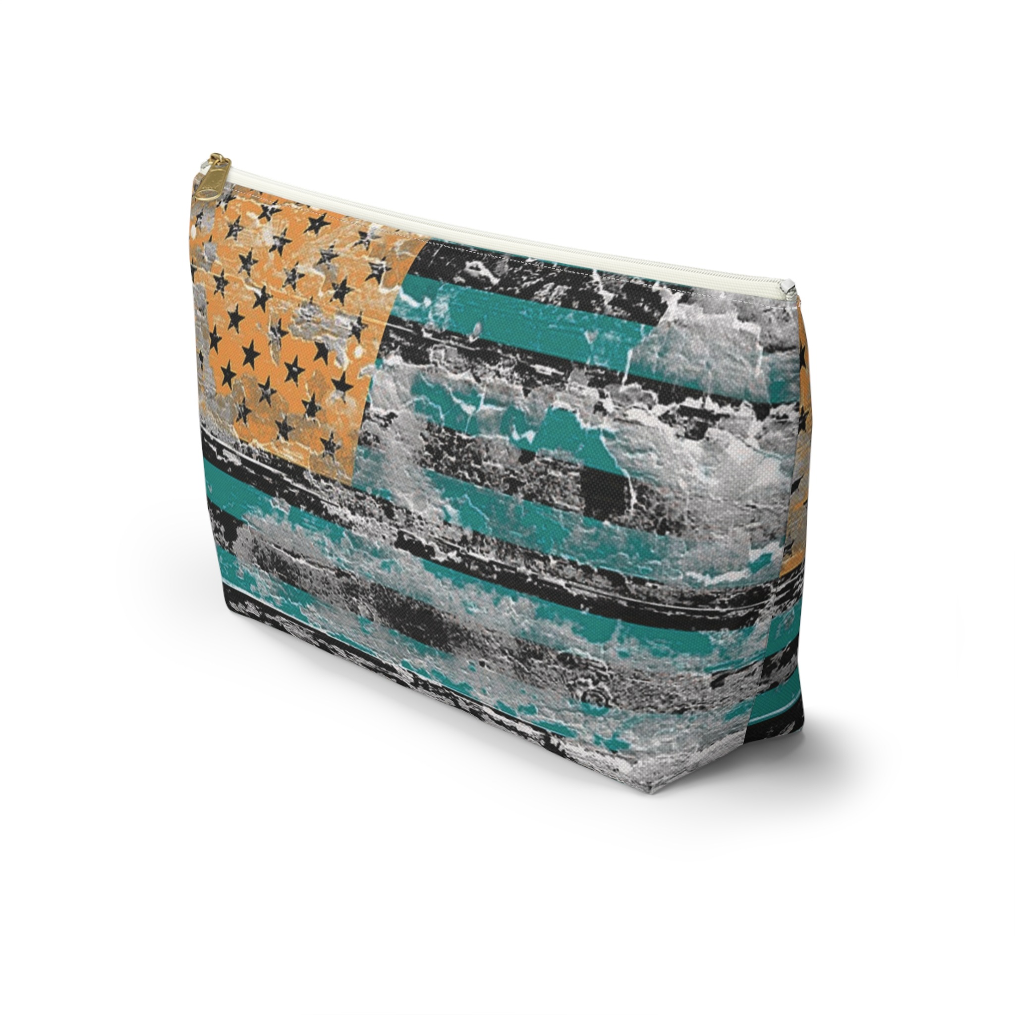 teal & gold distressed american inspired flag makeup & tool organizer — t-bottom accessory pouch - Image 9