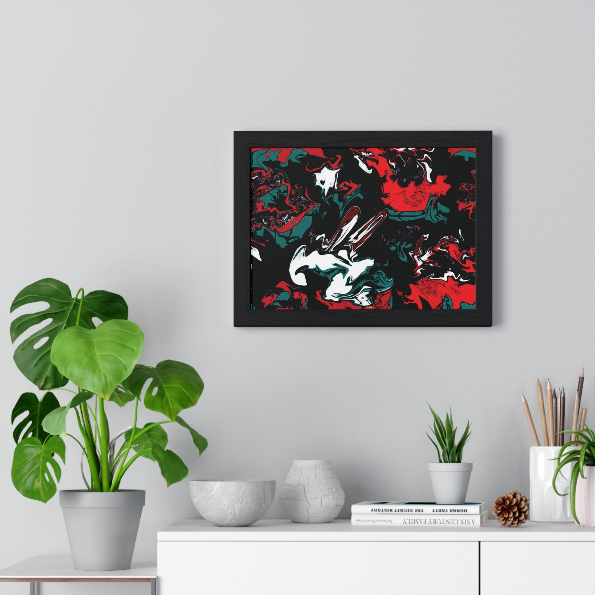 framed abstract red & teal modern fluid peace art poster — horizontal wall decor - Image 25