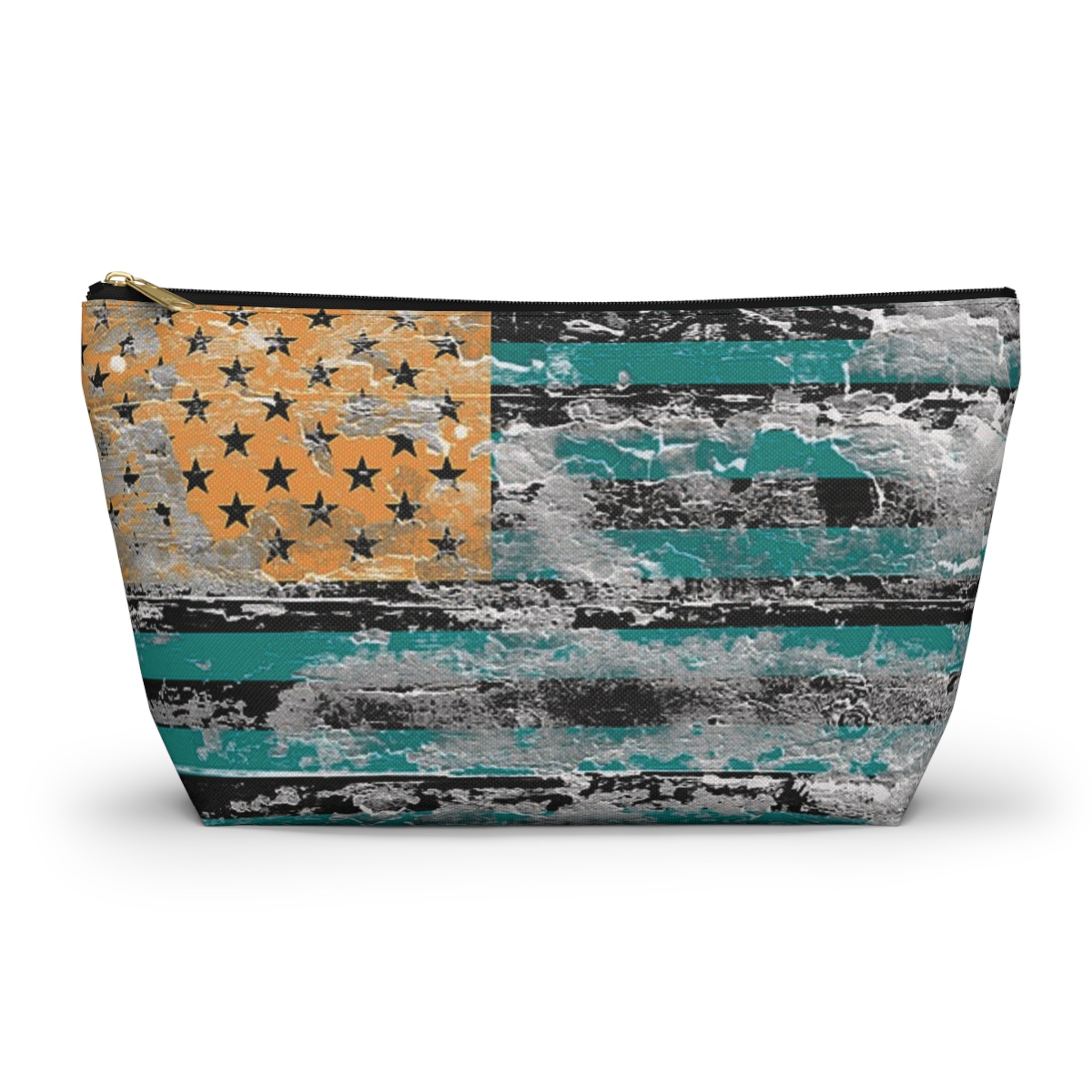 teal & gold distressed american inspired flag makeup & tool organizer — t-bottom accessory pouch