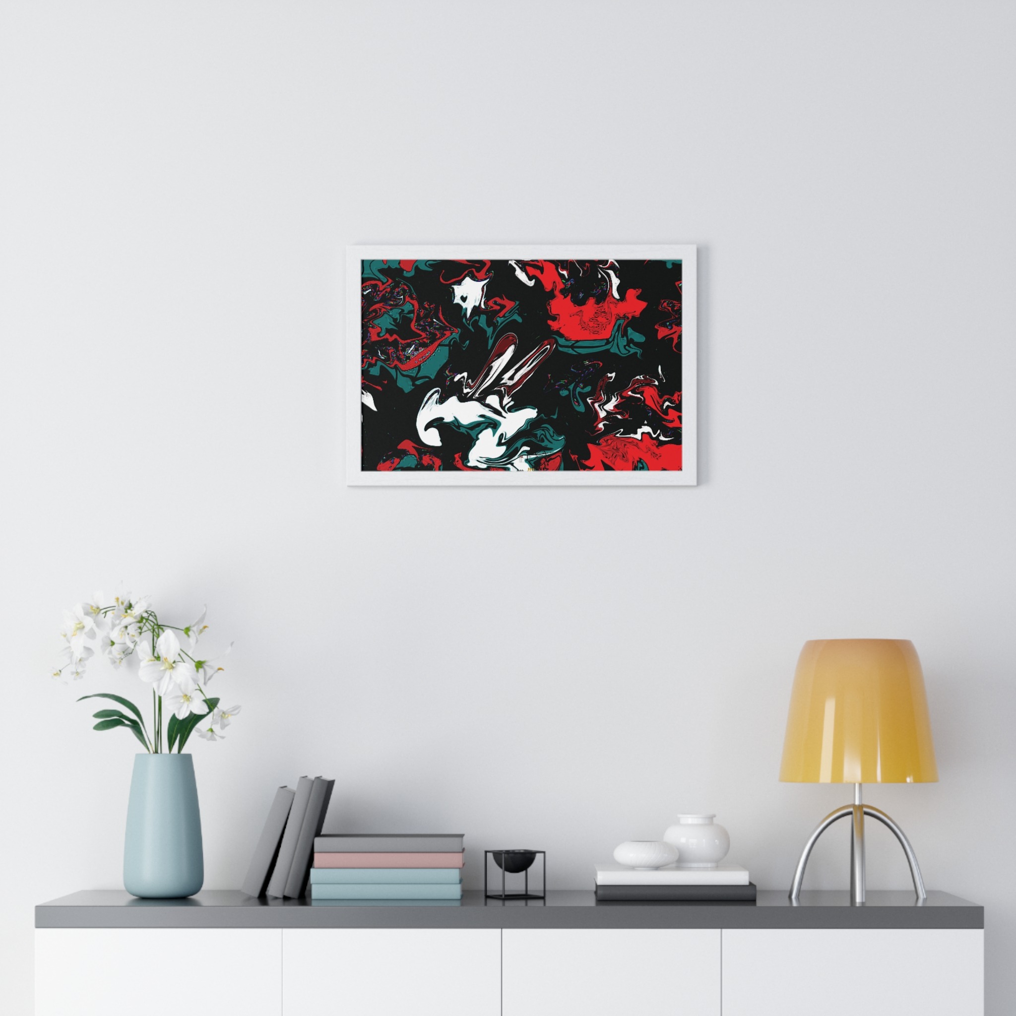 framed abstract red & teal modern fluid peace art poster — horizontal wall decor - Image 10