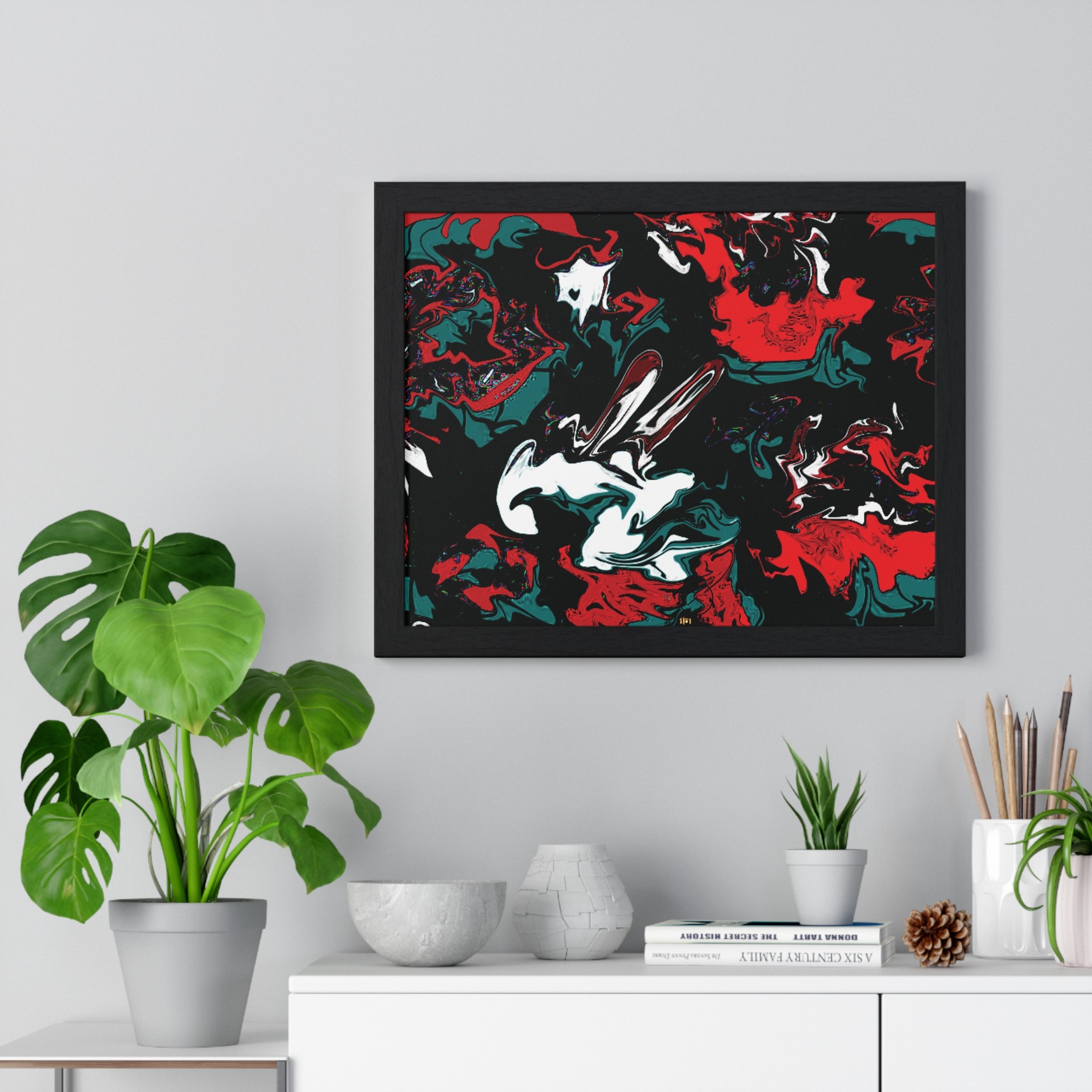 framed abstract red & teal modern fluid peace art poster — horizontal wall decor