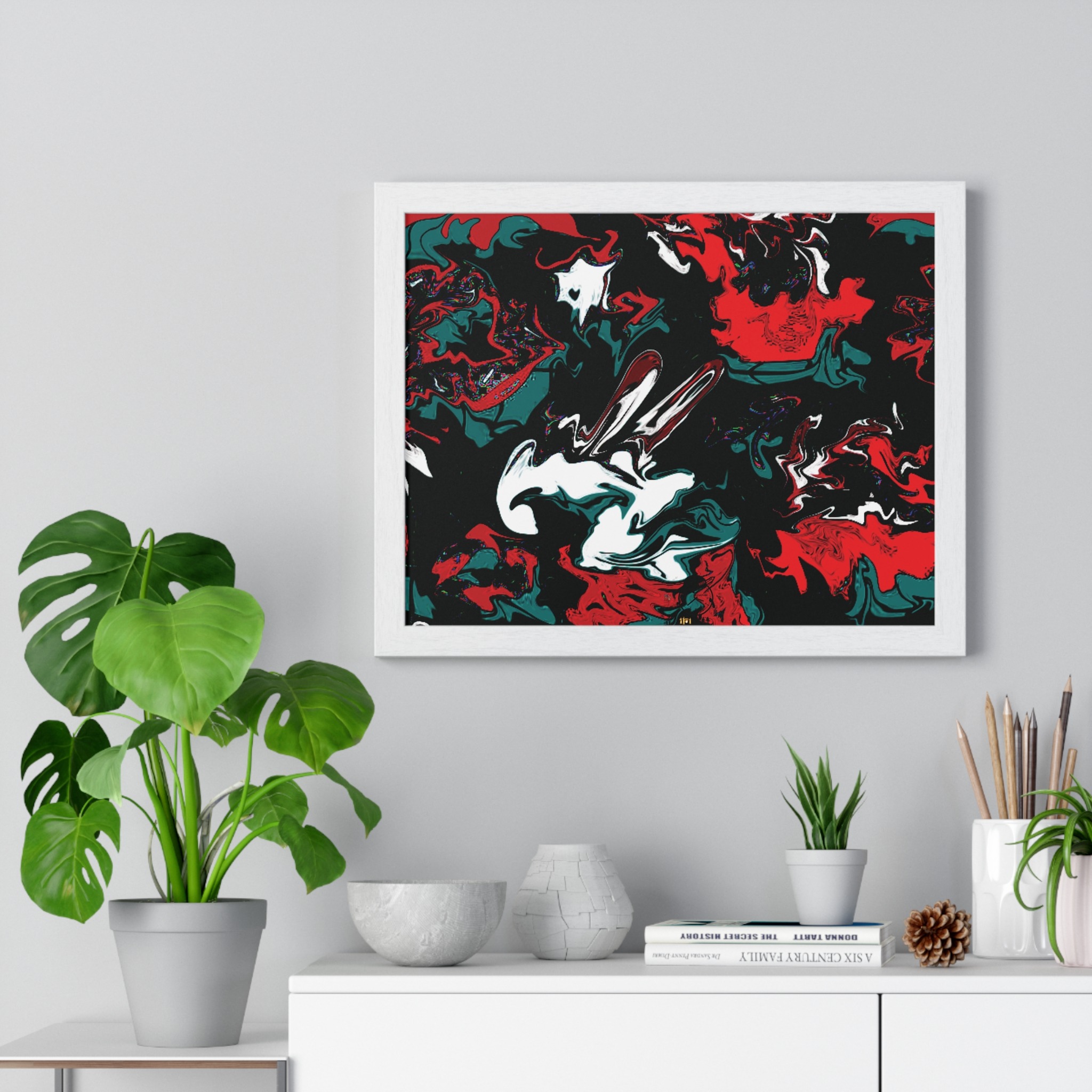 framed abstract red & teal modern fluid peace art poster — horizontal wall decor - Image 4