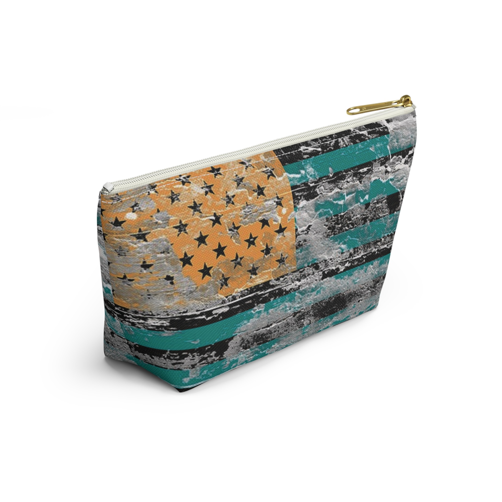 teal & gold distressed american inspired flag makeup & tool organizer — t-bottom accessory pouch - Image 22