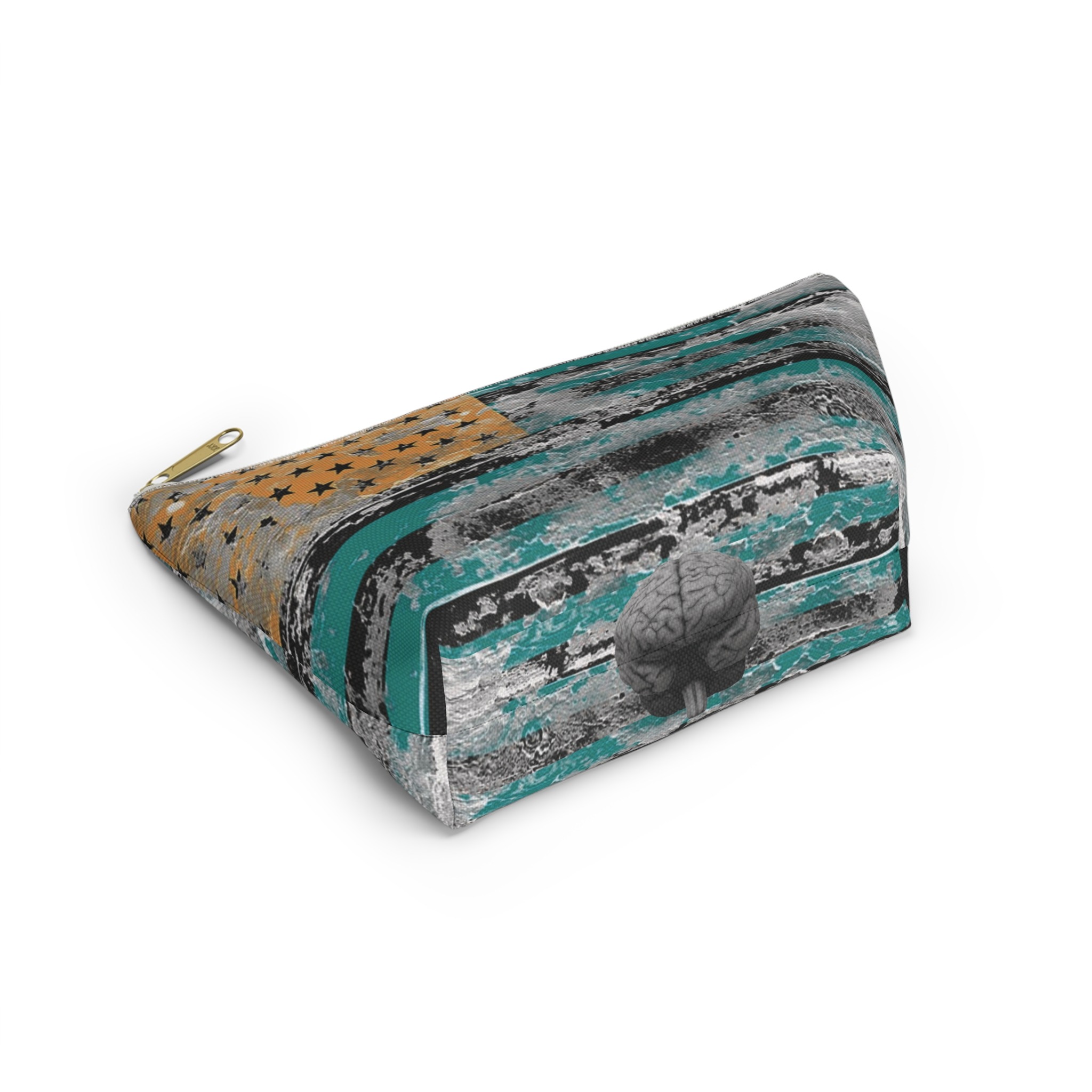 teal & gold distressed american inspired flag makeup & tool organizer — t-bottom accessory pouch - Image 23