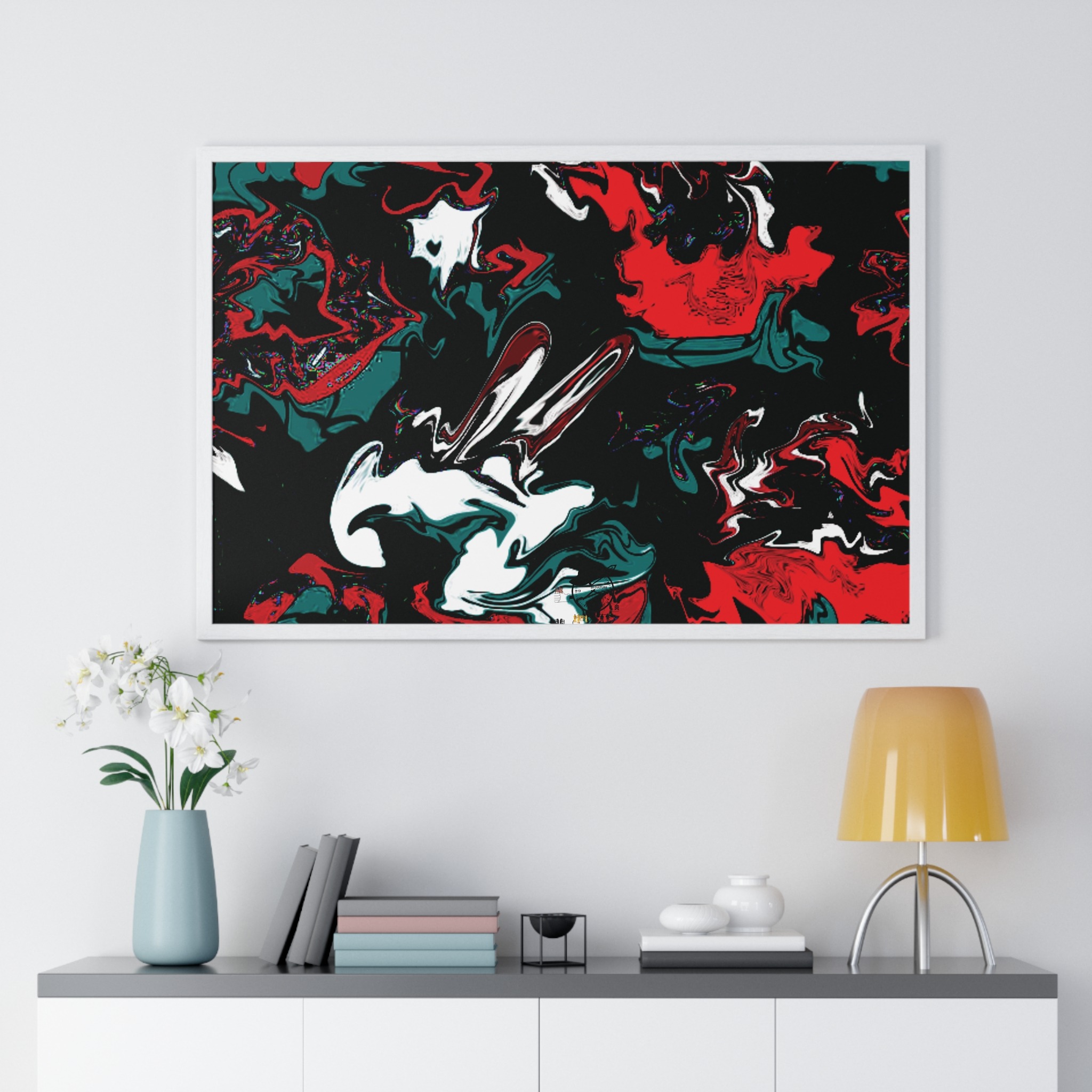 framed abstract red & teal modern fluid peace art poster — horizontal wall decor - Image 22