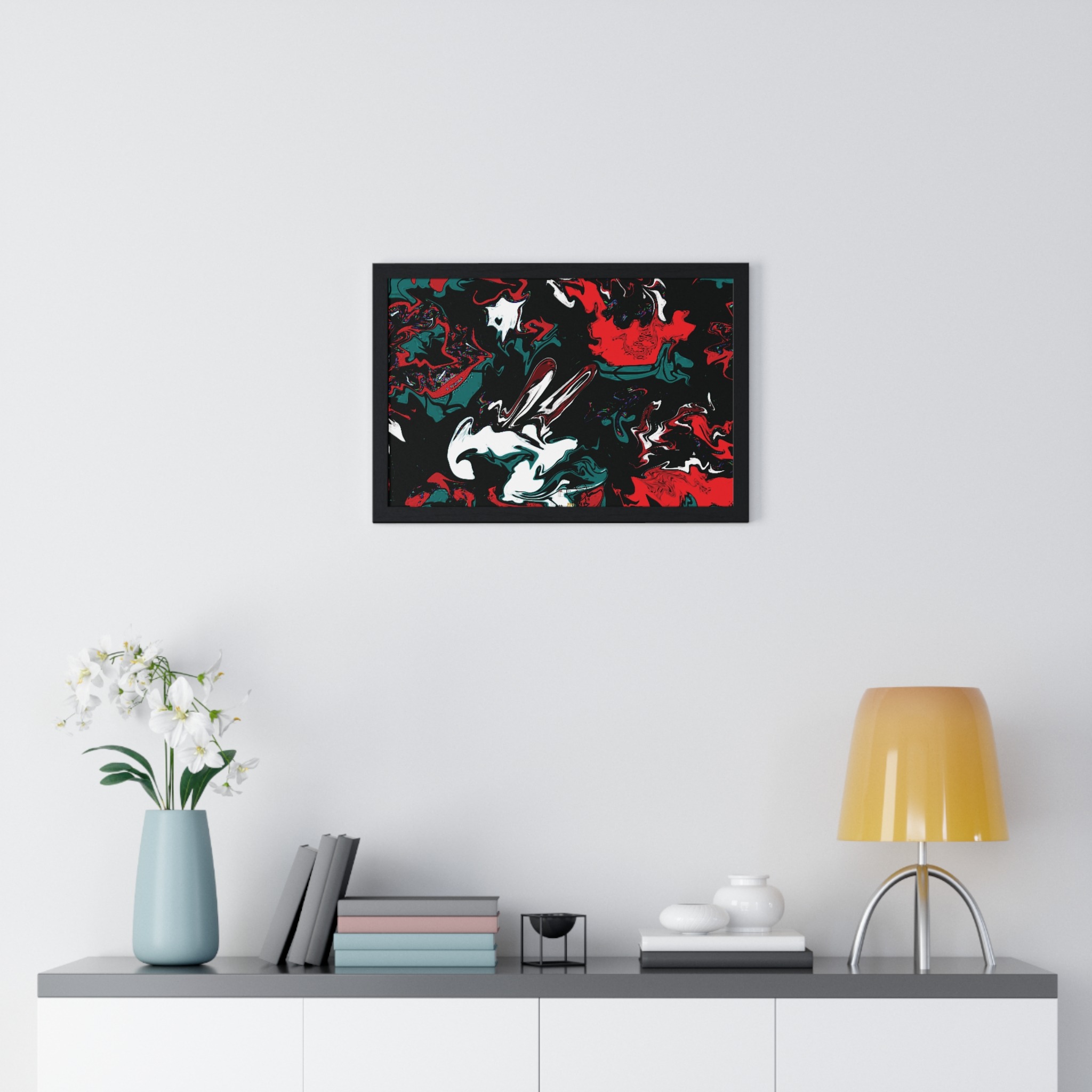 framed abstract red & teal modern fluid peace art poster — horizontal wall decor - Image 7