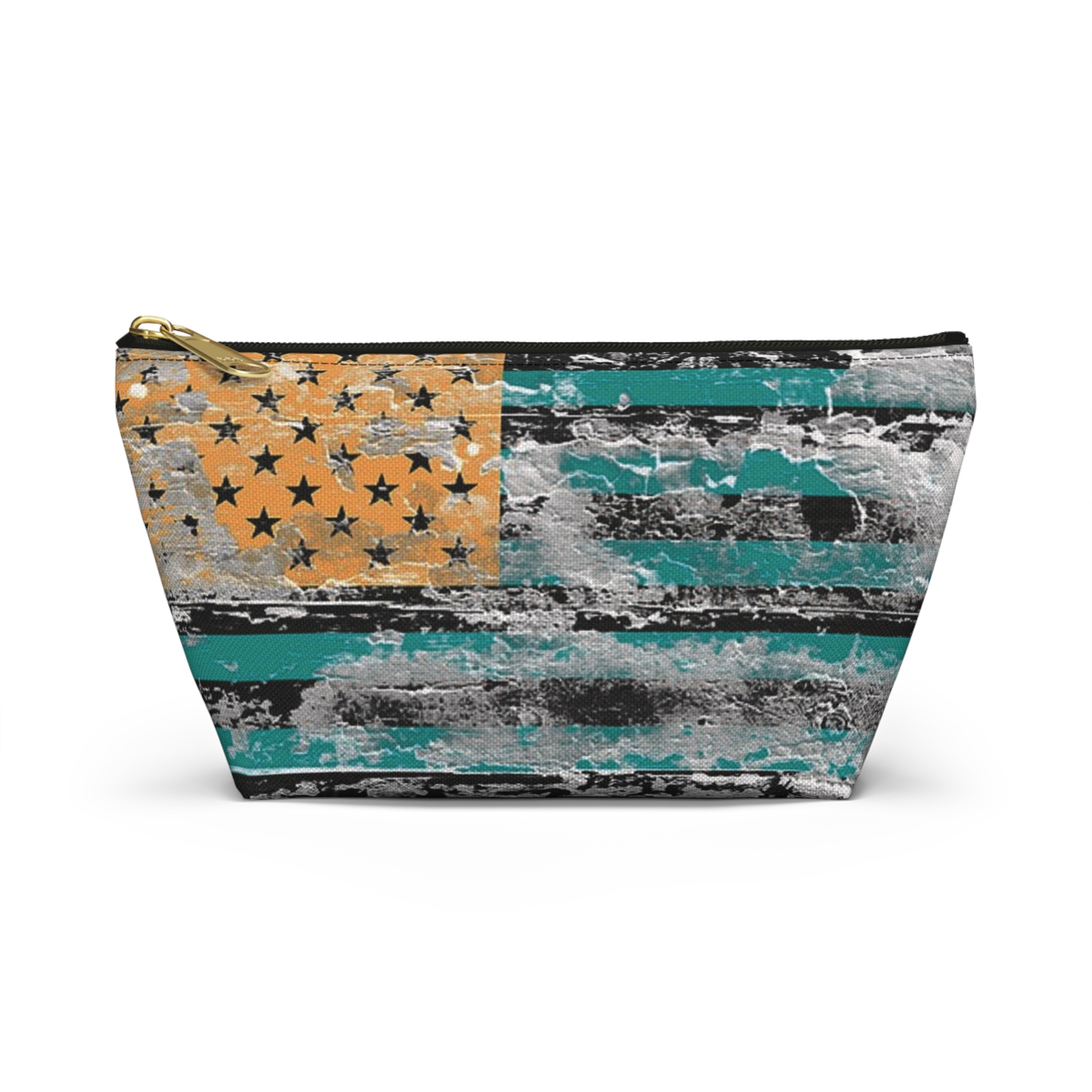 teal & gold distressed american inspired flag makeup & tool organizer — t-bottom accessory pouch - Image 13