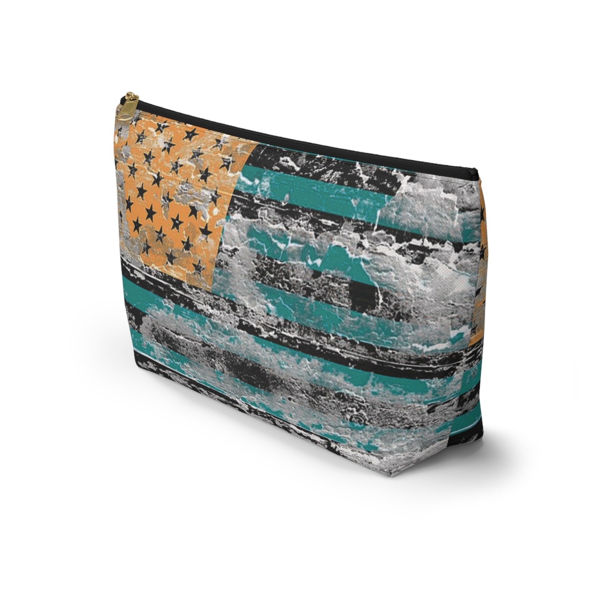 teal & gold distressed american inspired flag makeup & tool organizer — t-bottom accessory pouch - Image 3
