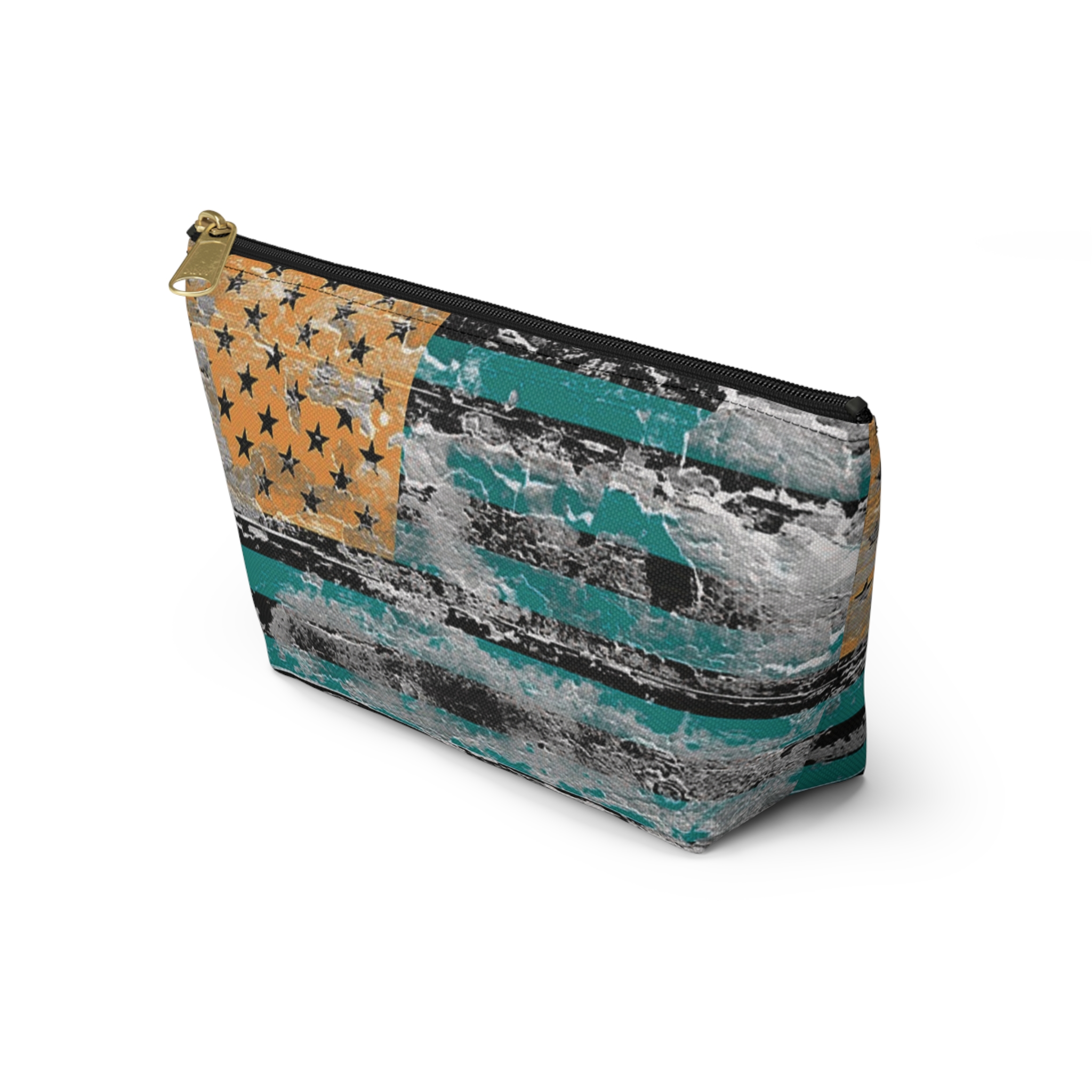teal & gold distressed american inspired flag makeup & tool organizer — t-bottom accessory pouch - Image 15