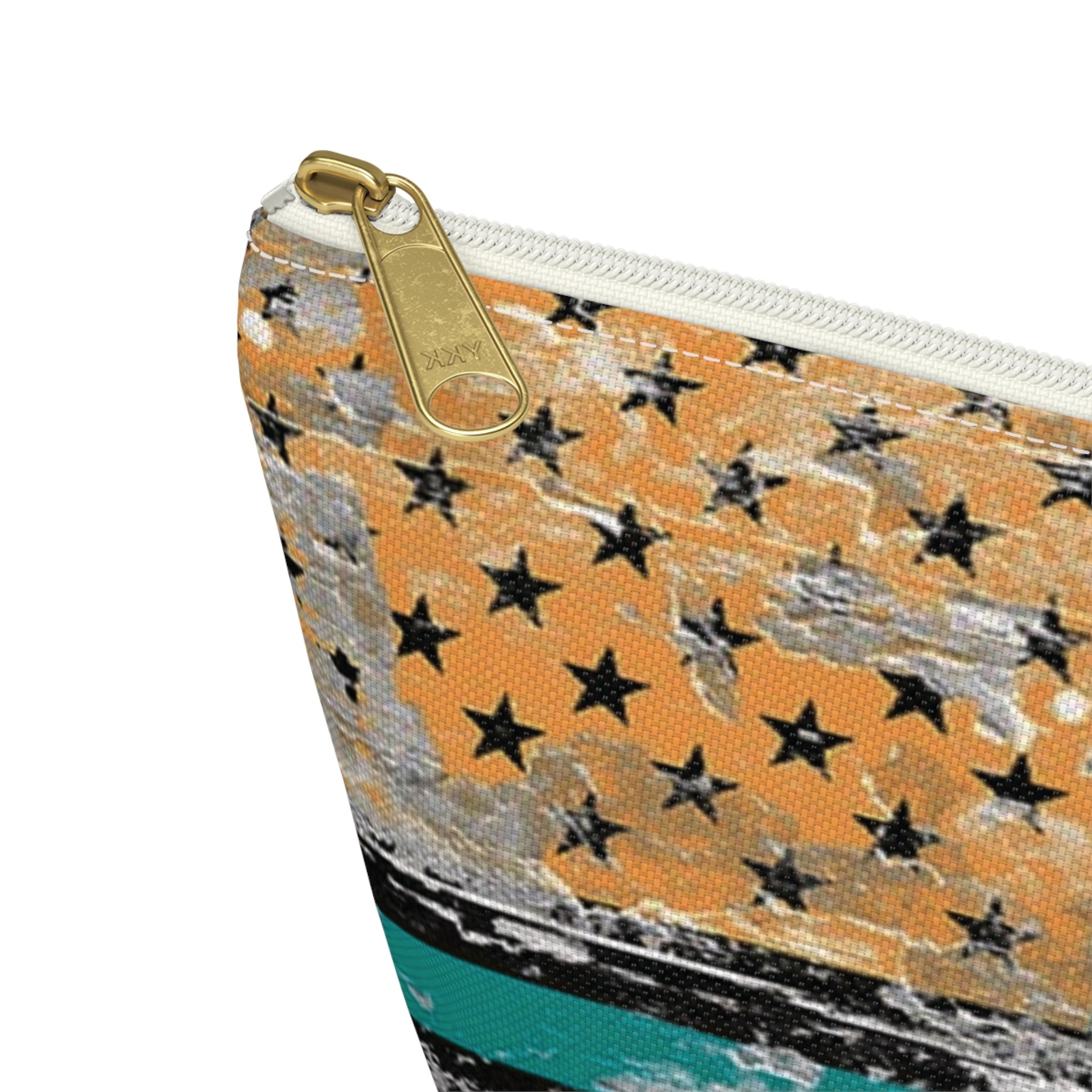 teal & gold distressed american inspired flag makeup & tool organizer — t-bottom accessory pouch - Image 24