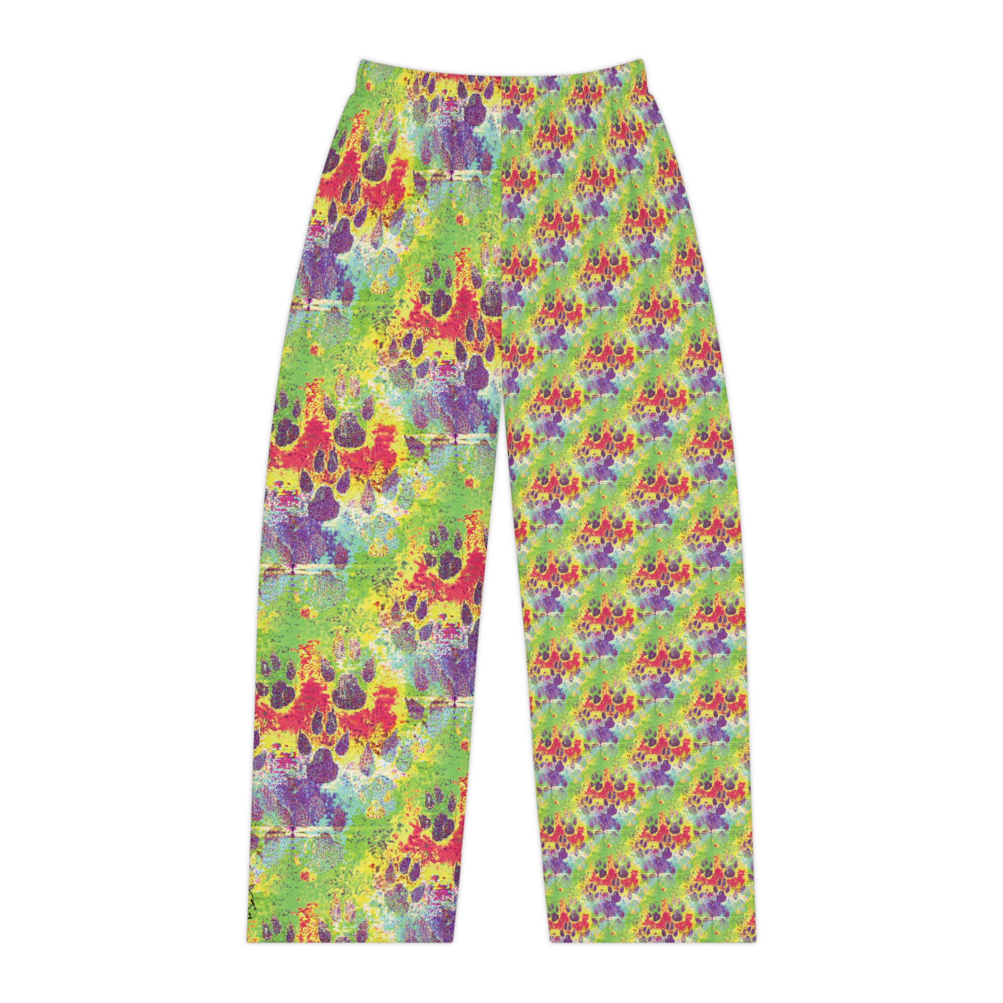 women's tie-dye paw print pajama pants — colorful acid-wash lounge trousers