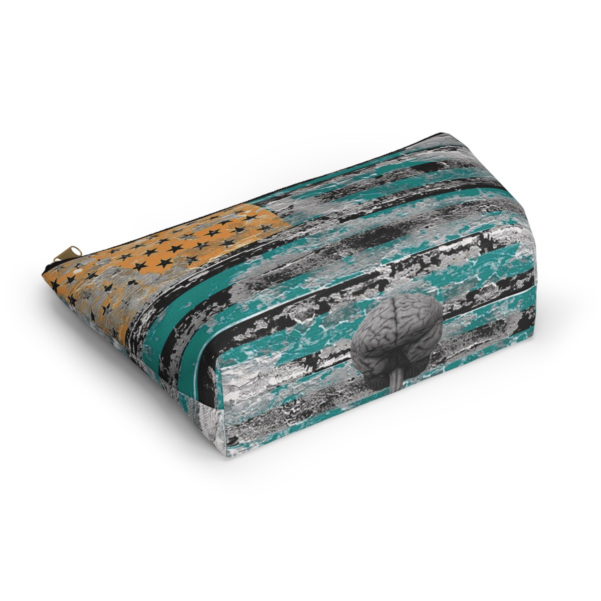 teal & gold distressed american inspired flag makeup & tool organizer — t-bottom accessory pouch - Image 5