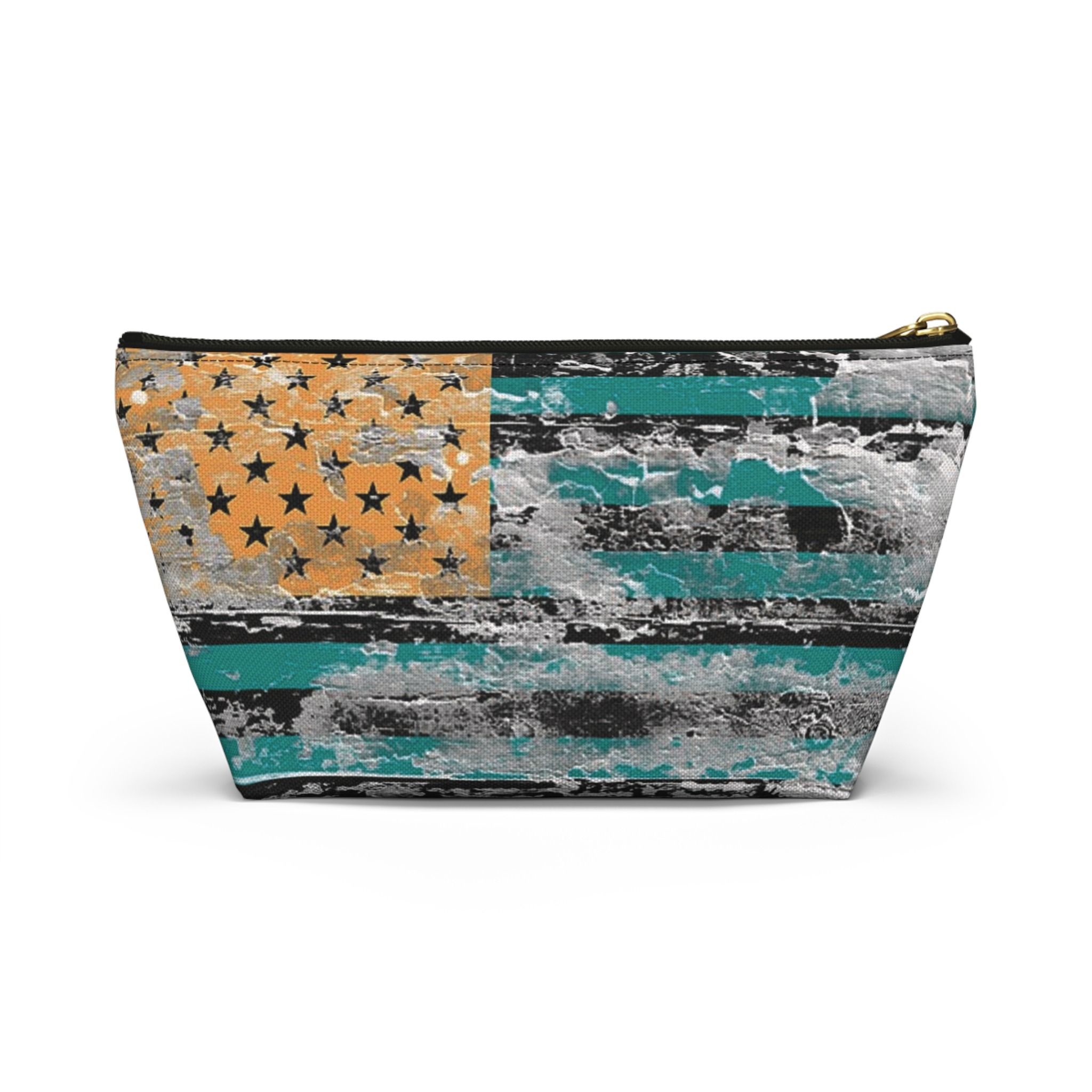 teal & gold distressed american inspired flag makeup & tool organizer — t-bottom accessory pouch - Image 14
