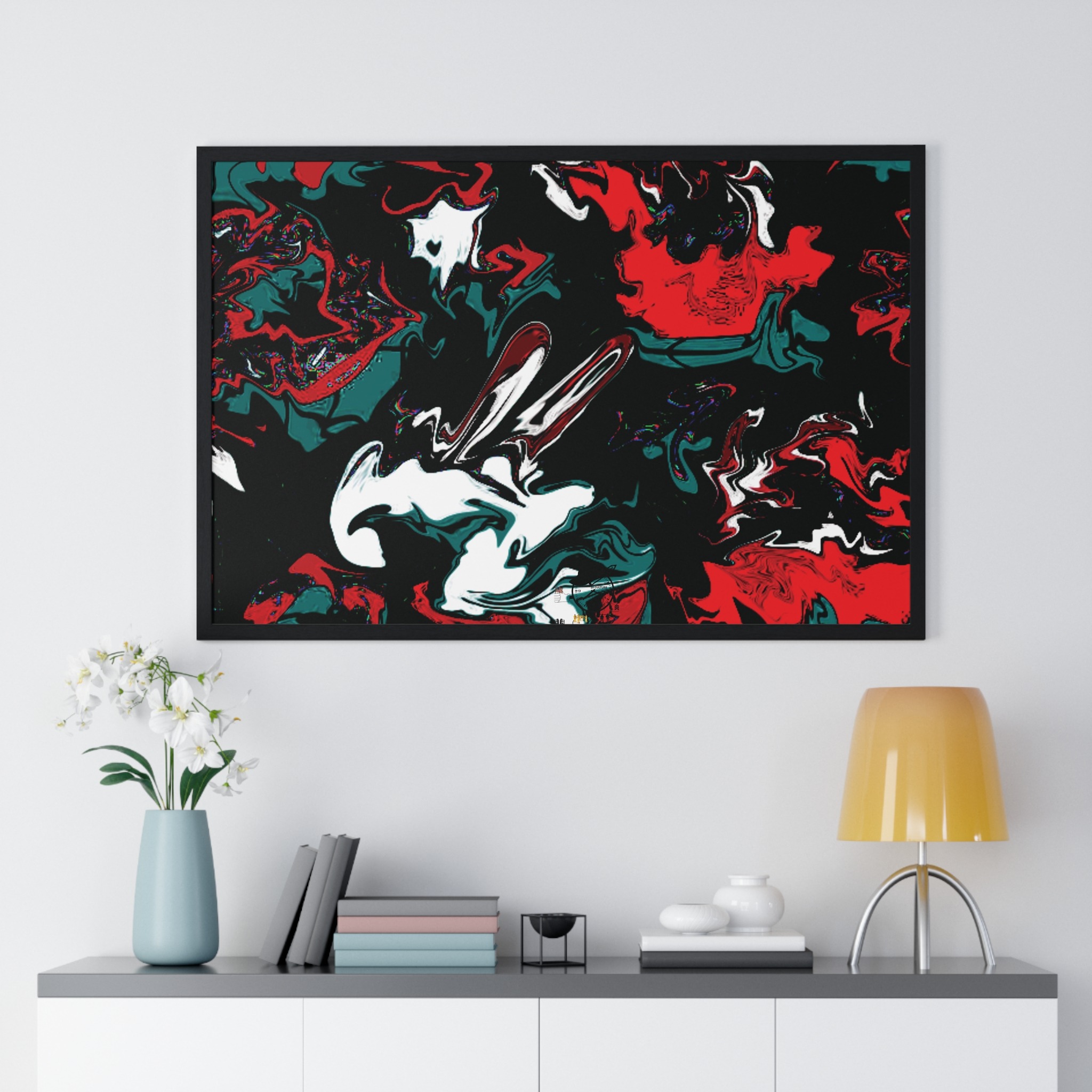 framed abstract red & teal modern fluid peace art poster — horizontal wall decor - Image 19