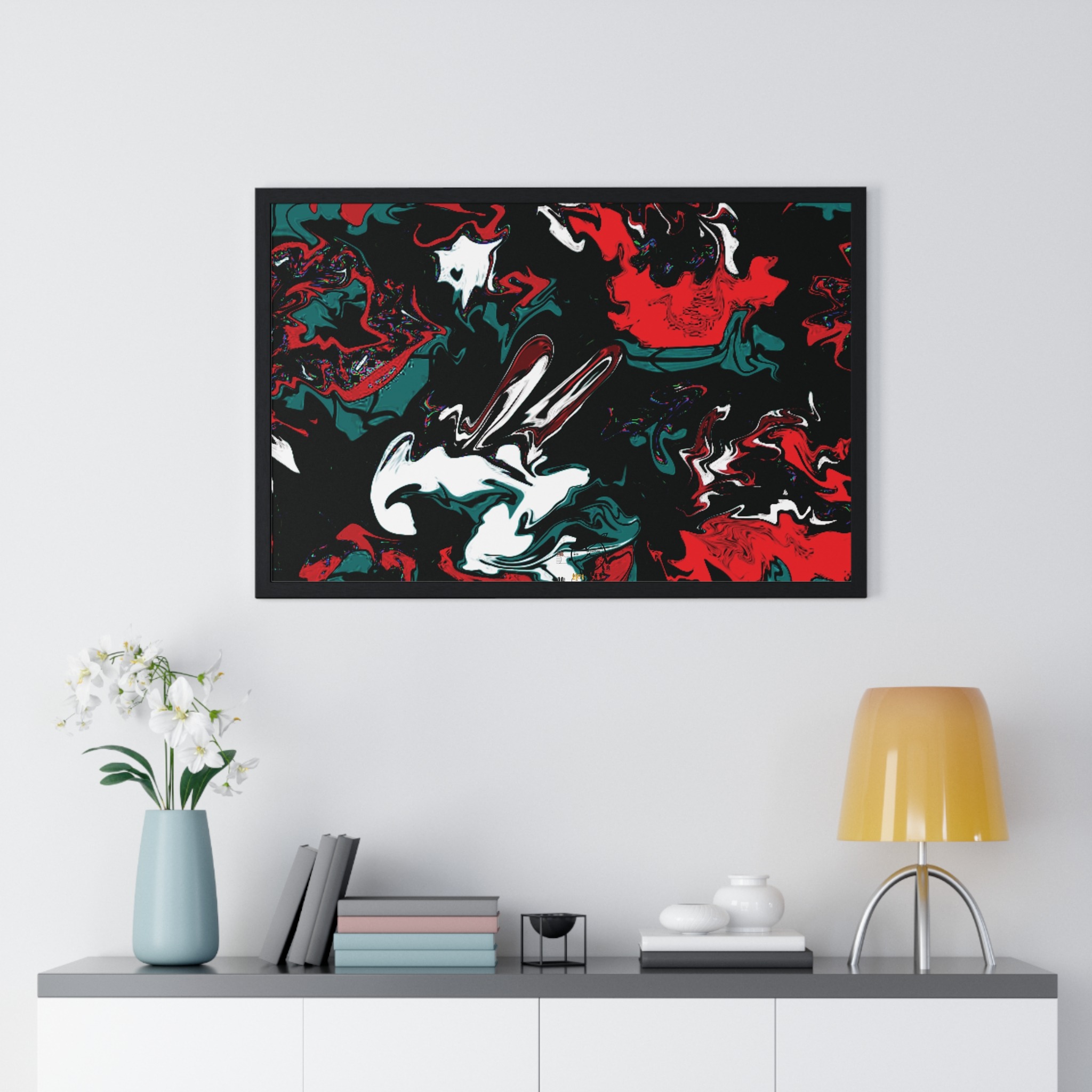 framed abstract red & teal modern fluid peace art poster — horizontal wall decor - Image 37