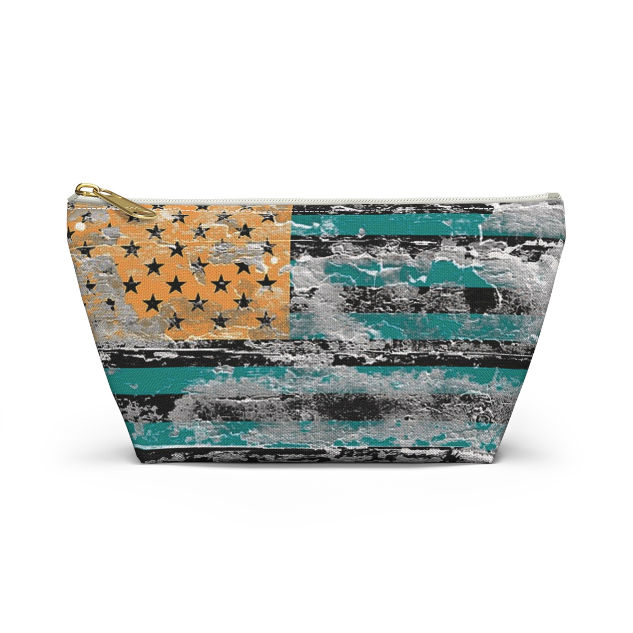 teal & gold distressed american inspired flag makeup & tool organizer — t-bottom accessory pouch - Image 19