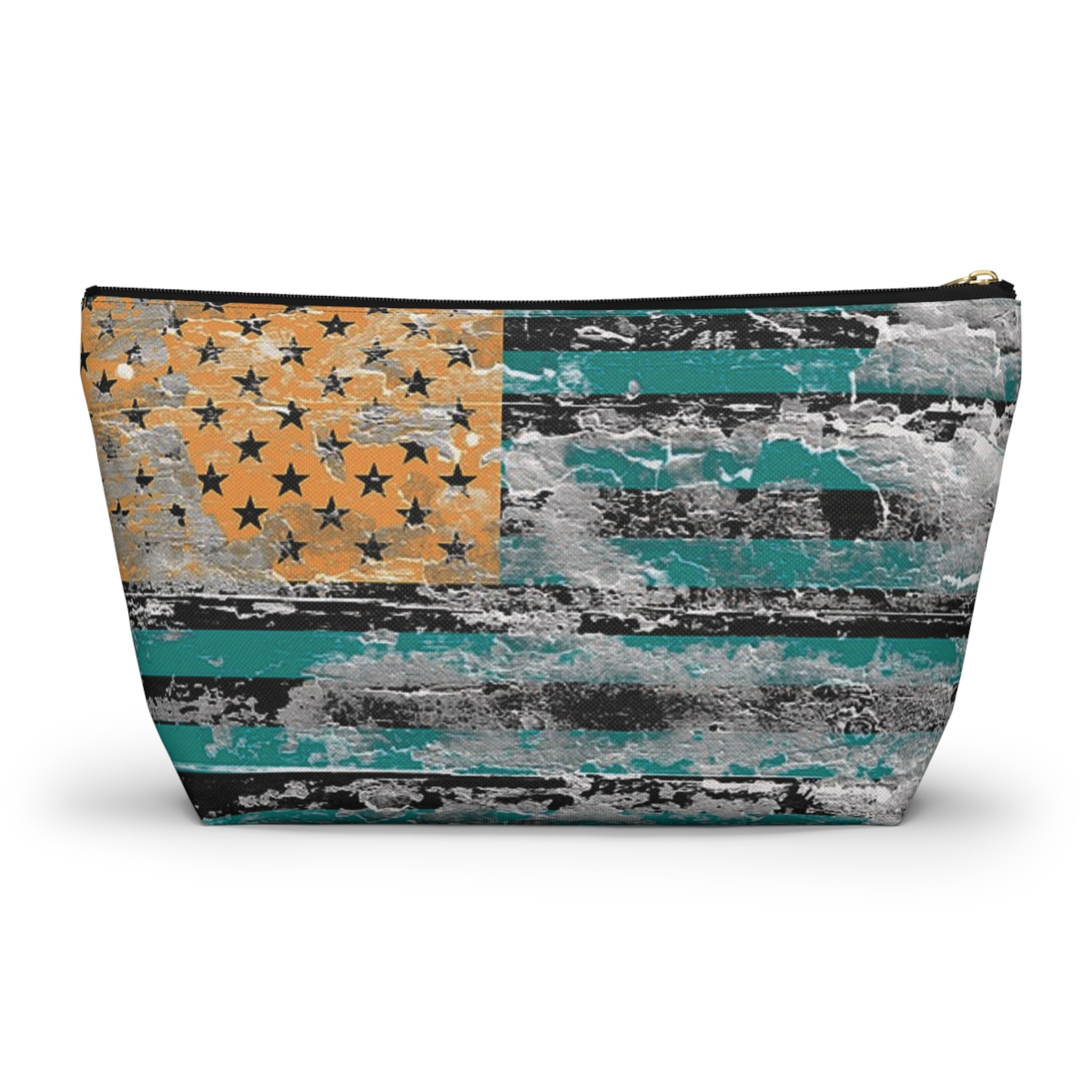 teal & gold distressed american inspired flag makeup & tool organizer — t-bottom accessory pouch - Image 2