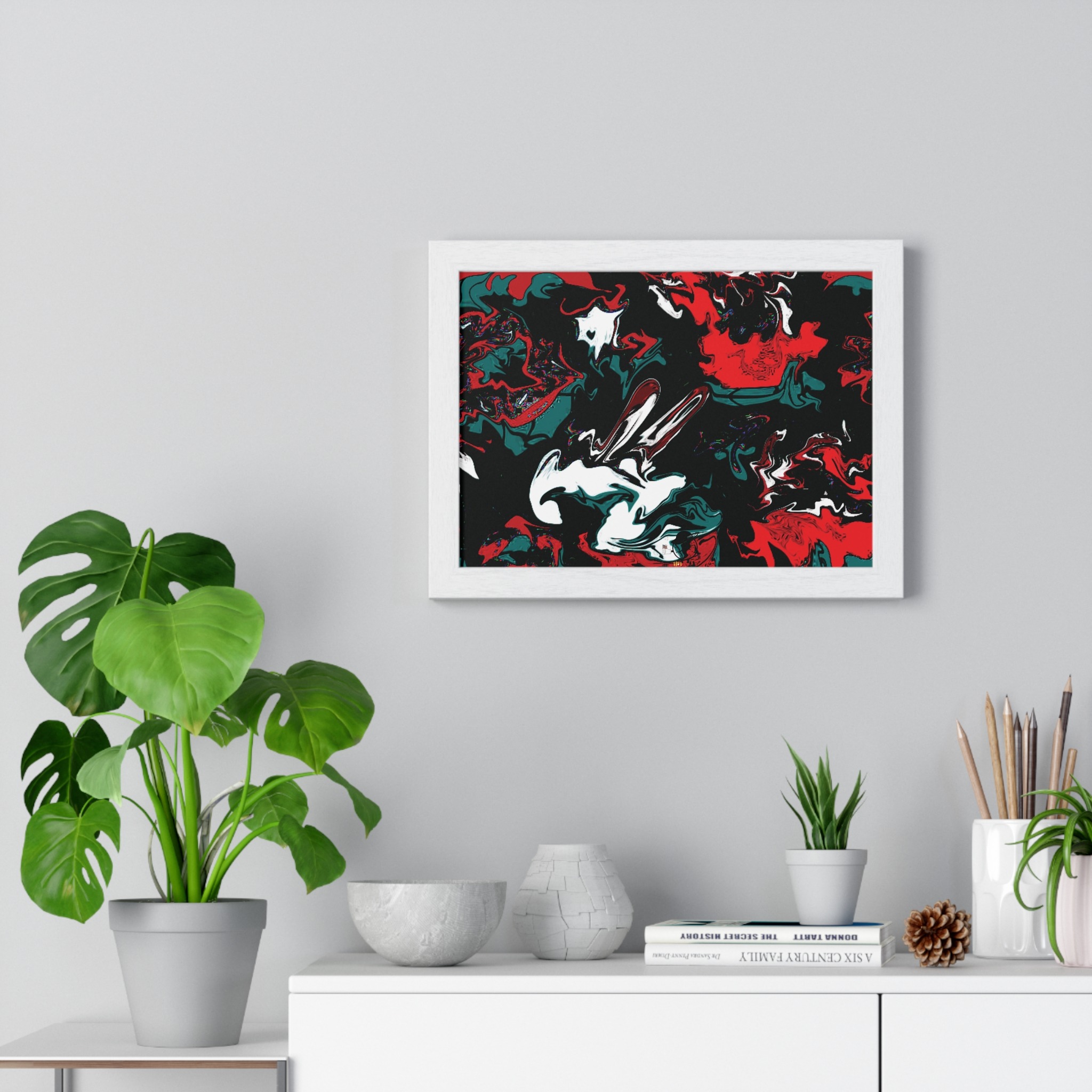 framed abstract red & teal modern fluid peace art poster — horizontal wall decor - Image 28