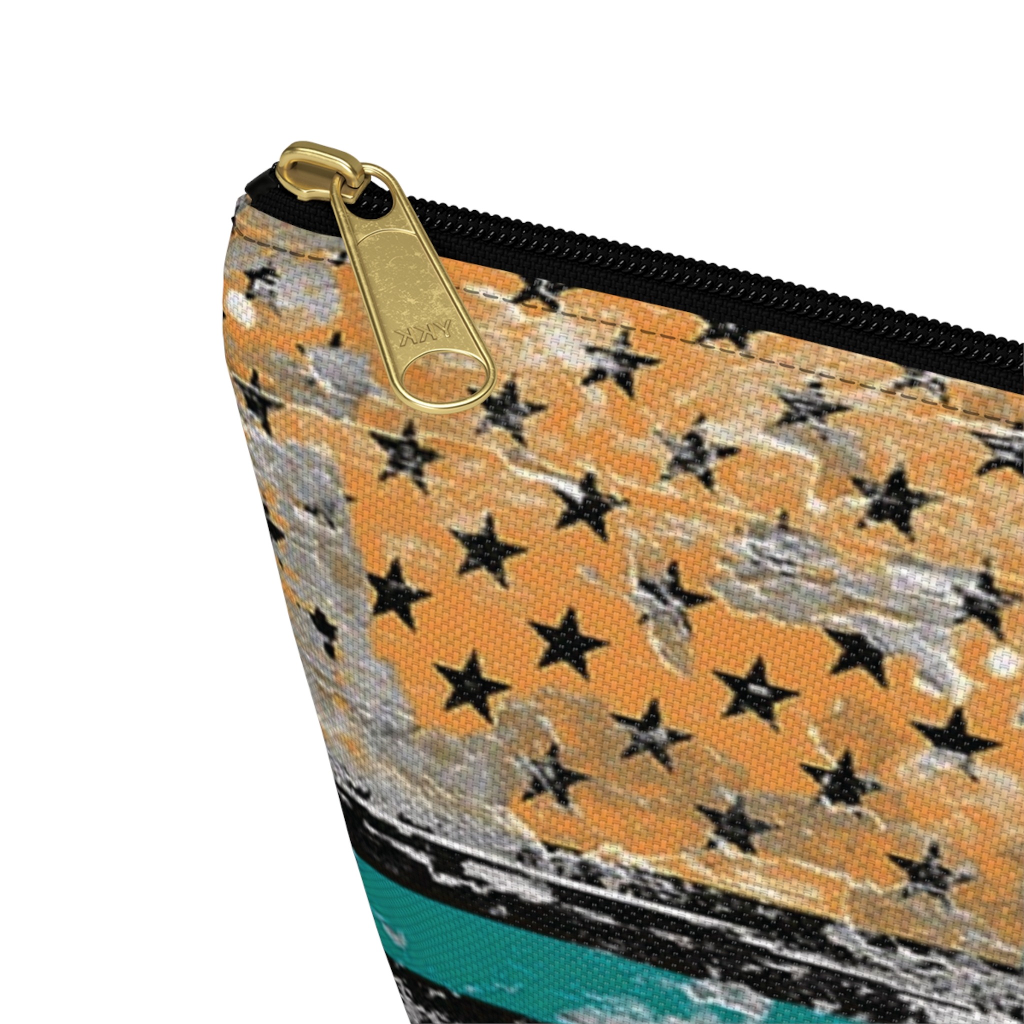 teal & gold distressed american inspired flag makeup & tool organizer — t-bottom accessory pouch - Image 18