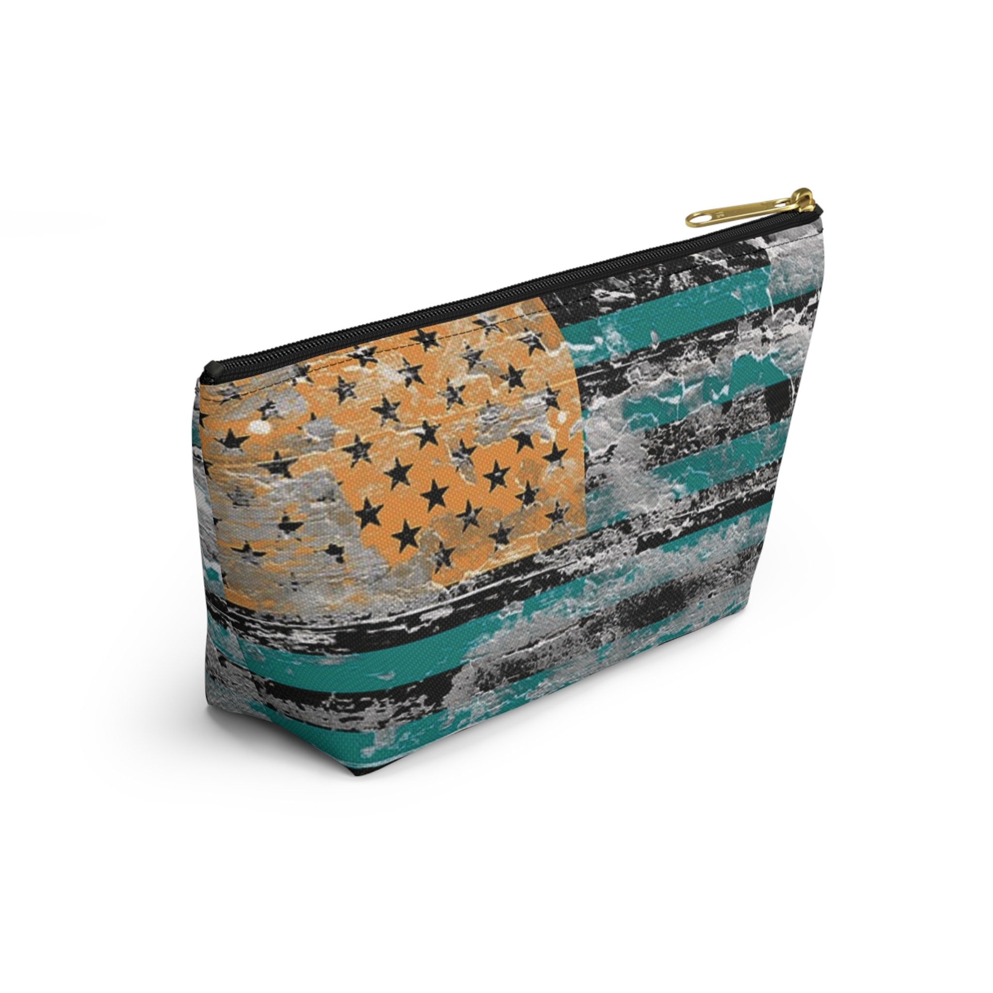 teal & gold distressed american inspired flag makeup & tool organizer — t-bottom accessory pouch - Image 16