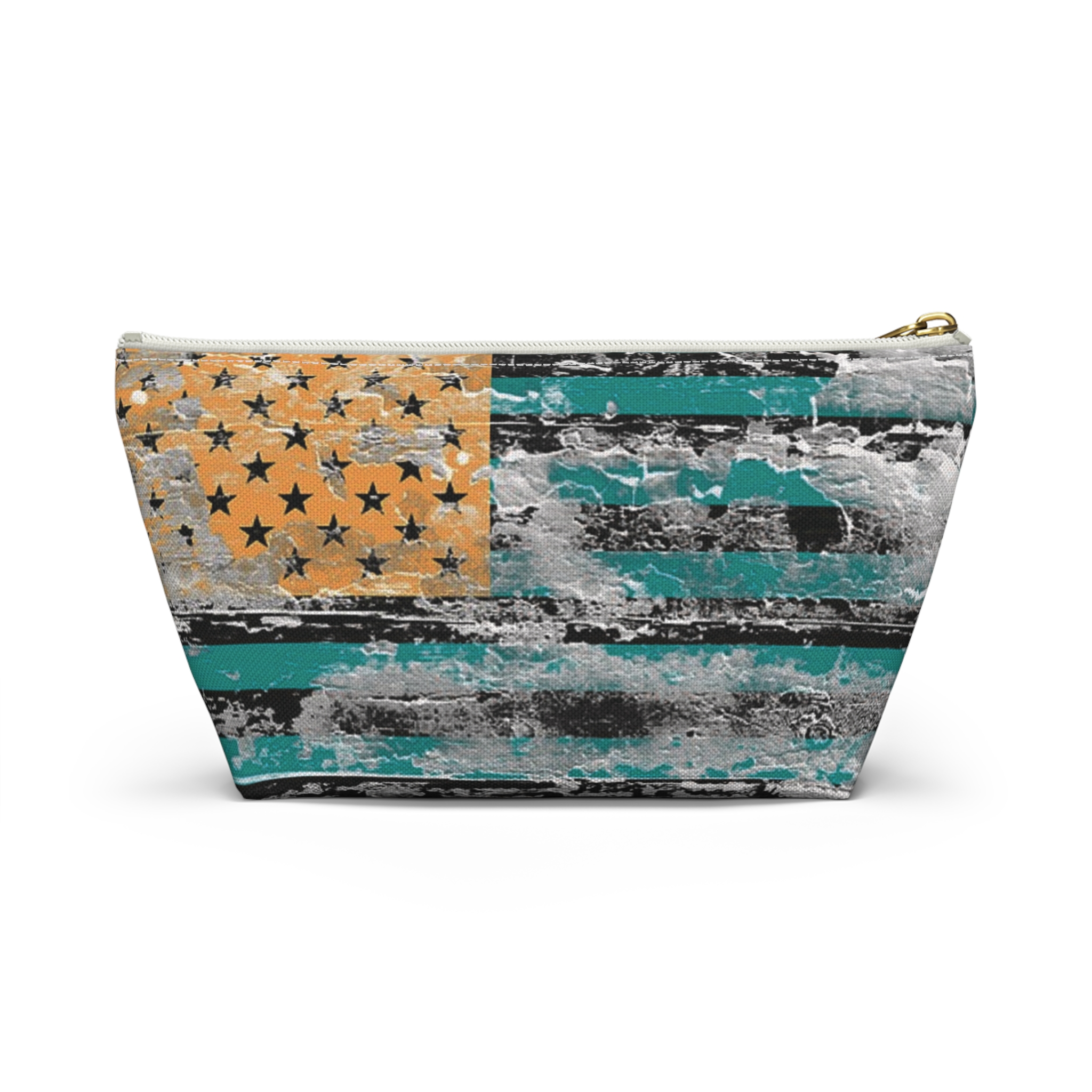 teal & gold distressed american inspired flag makeup & tool organizer — t-bottom accessory pouch - Image 20