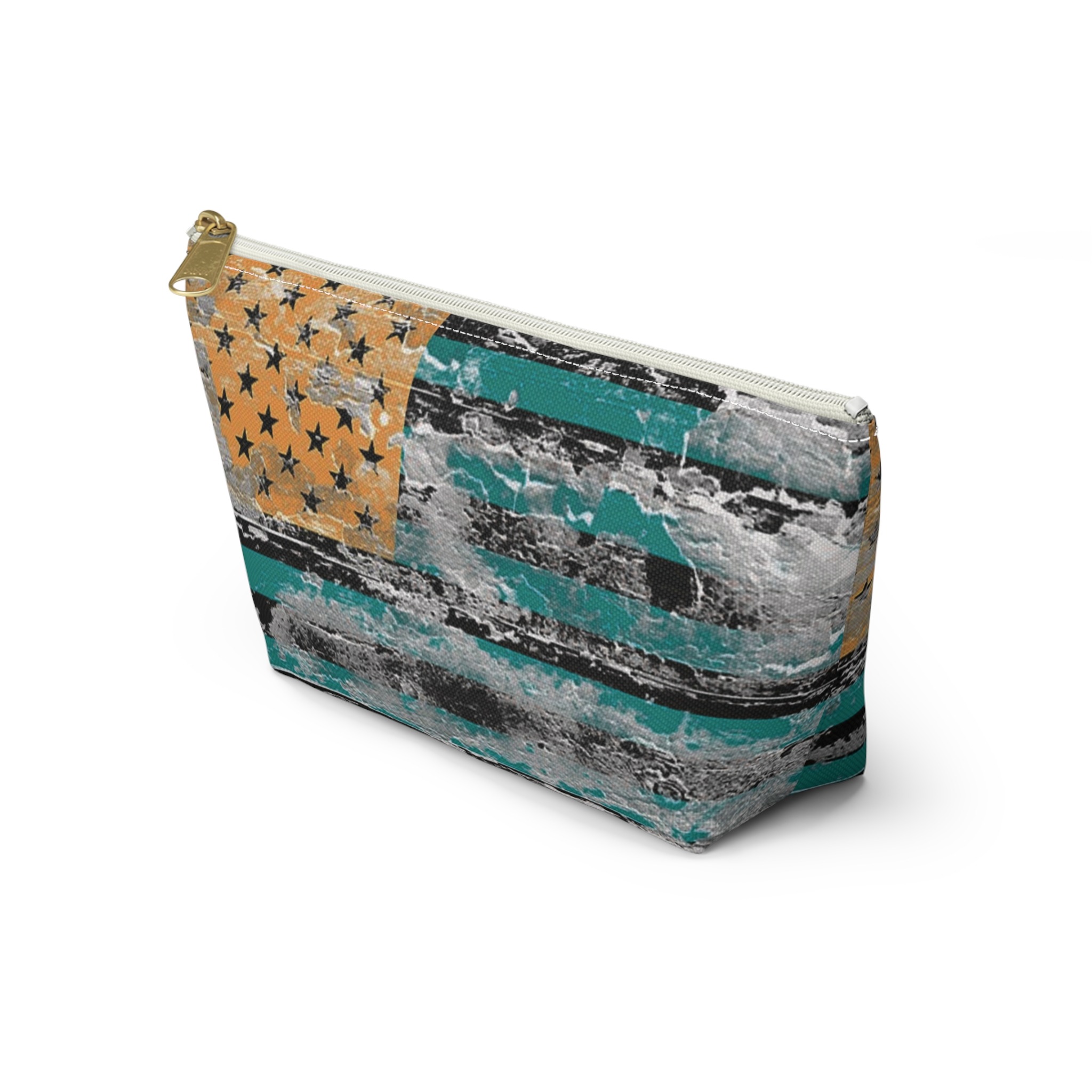 teal & gold distressed american inspired flag makeup & tool organizer — t-bottom accessory pouch - Image 21